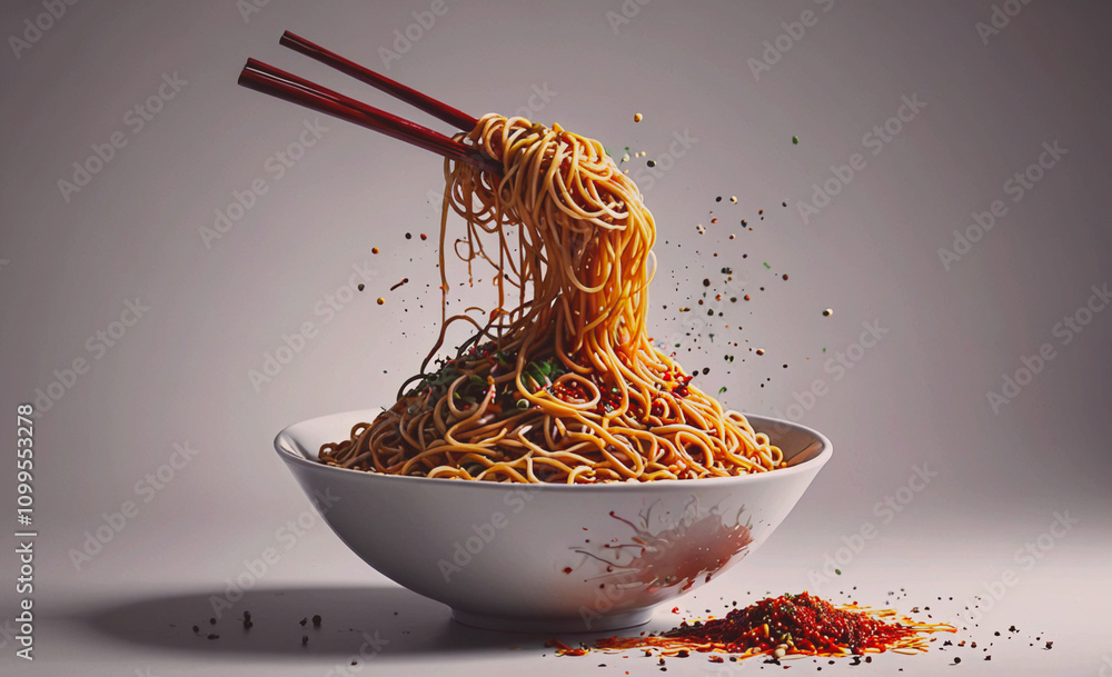 Poster bowl of noodles with chopsticks in it. the noodles are in the air. there is a red bowl on the table
