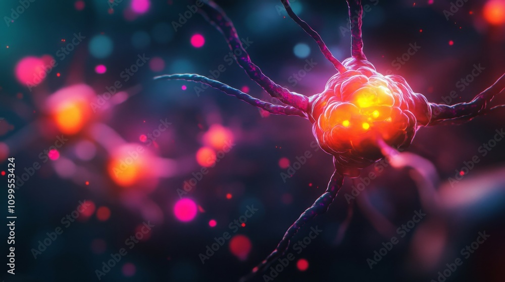 Poster illuminated neuron cell firing neural signals