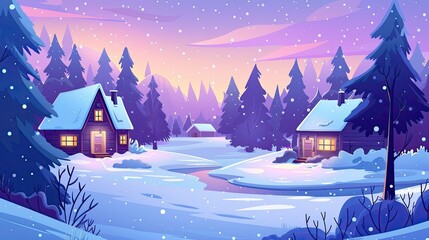 Fototapeta premium A cartoon of a snowy landscape with cozy cottages nestled in the woods