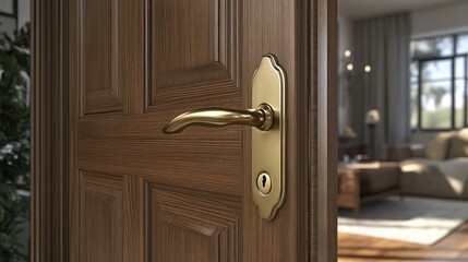 Elegant Wooden Door with Gold Handle Partially Opened, Inviting Natural Light into a Cozy Living Room Space with Modern Decor and Warm Ambiance
