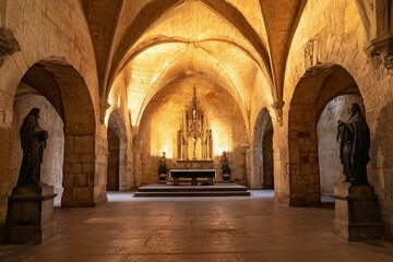 Fototapeta premium Stone chapel altar, statues, arched ceiling.