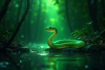 Green tree snake symbol of 2025 in the jungle near the water
