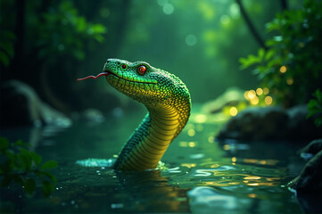 Green tree snake symbol of 2025 in the jungle near the water