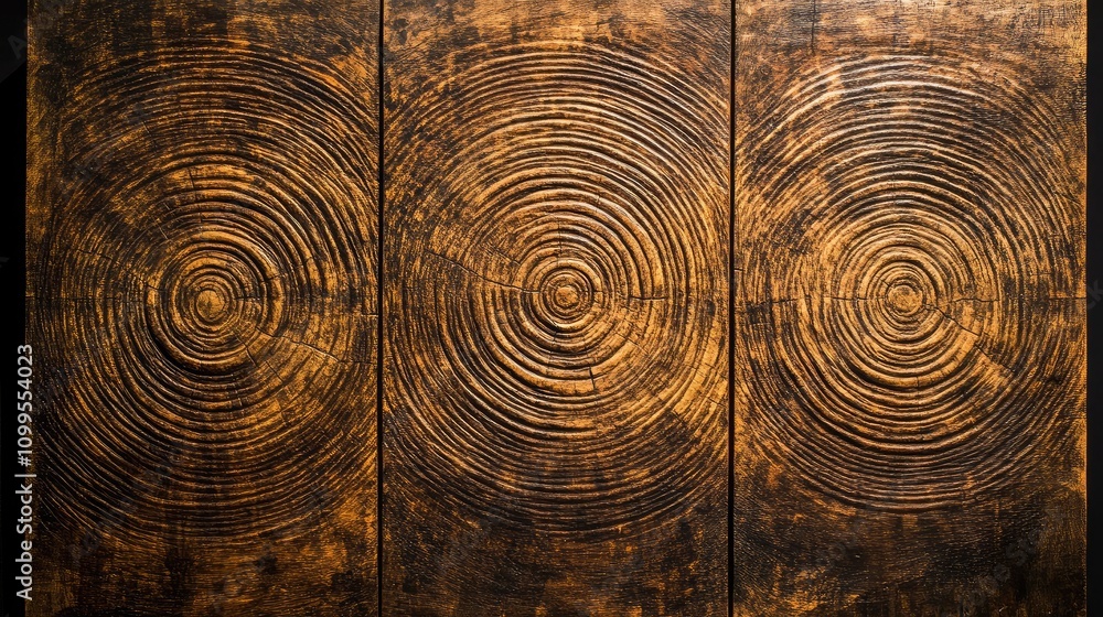 Poster abstract wood panel with circular patterns and textures, perfect for backgrounds, interior design, a