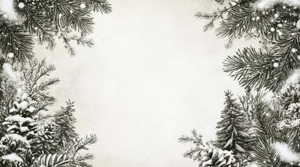 Obraz premium Vintage Christmas Winter Border Illustration - Minimalist vintage Christmas illustration featuring snowy pine branches, winter wonderland, holiday season, festive background, greeting card design.