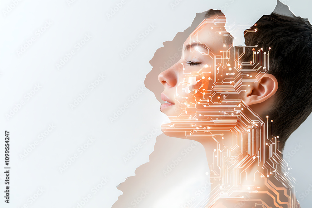 Poster human silhouette merging with ai circuitry conceptual art digital space innovative technology abstra