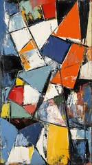 Fototapeta premium An abstract painting featuring bright colors, including blue, orange, and yellow, with some red.