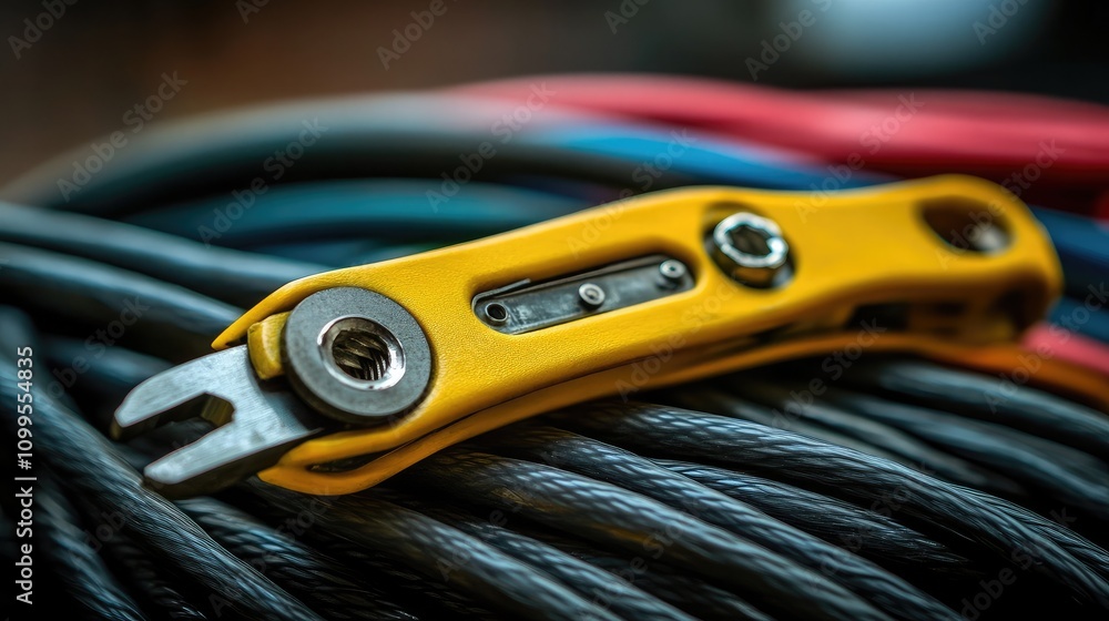 Poster close-up of a yellow multi-tool on a background of colorful wires, highlighting the versatility and 
