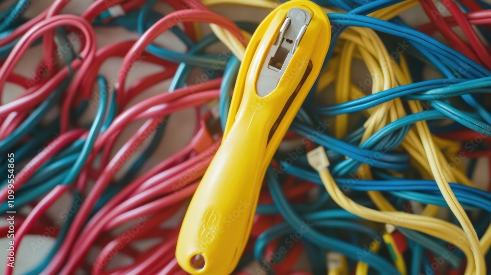Aufkleber yellow wire stripper tool resting on a tangle of colorful electrical wires create a vibrant visual o