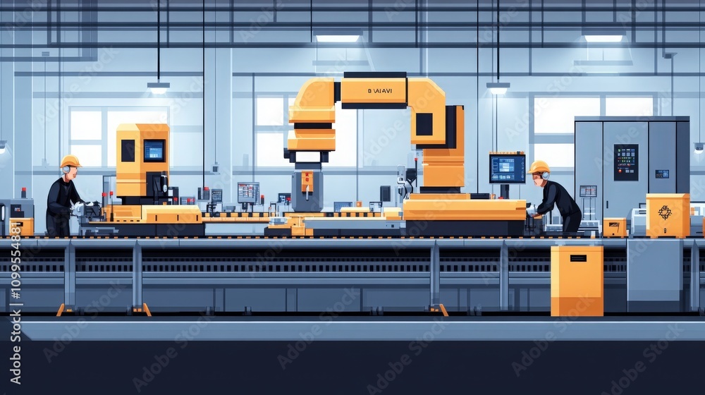 Poster advanced robotics and automation in a modern factory setting with technicians operating high-tech ma
