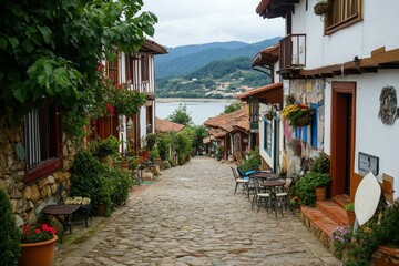 Obraz premium Cobblestone street, colorful houses, seaside view.