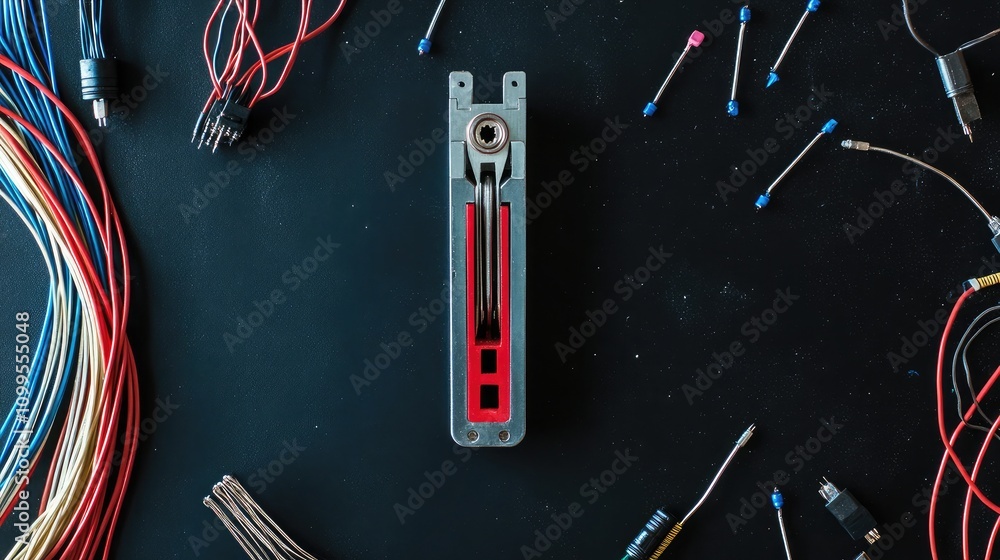 Aufkleber close-up view of a precision tool surrounded by various electrical components and wires on a dark ba