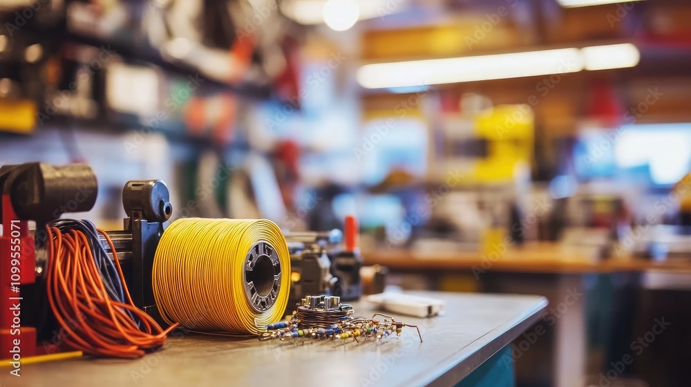 Poster close-up view of electrical tools and supplies in a workshop setting featuring yellow wire and vario