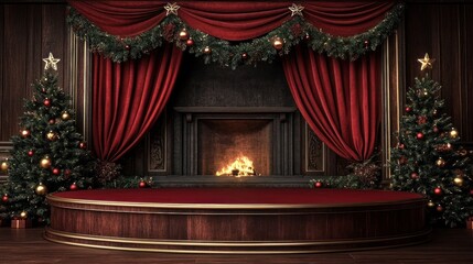 Elegant Christmas Fireplace Scene With Decorated Trees