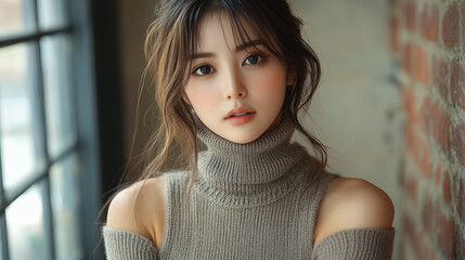 Fototapeta premium 美女, 女性, 美しい, 顔, モデル, 日本, 韓国, 中国, アジア, カフェ, ファッション