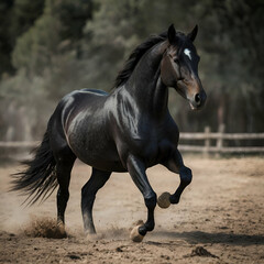 black horse runs gallop in the desert