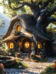 Fototapeta premium A whimsical fairy-tale style rabbit cottage with a thatched roof round windows and a courtyard with a grand oak tree in warm beige and light brown hues