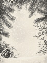 Obraz premium Vintage Christmas Winter Snow Scene - Minimalist vintage Christmas illustration featuring snow, pine branches, and a pine cone, symbolizing winter, peace, nature, holidays, and tradition.