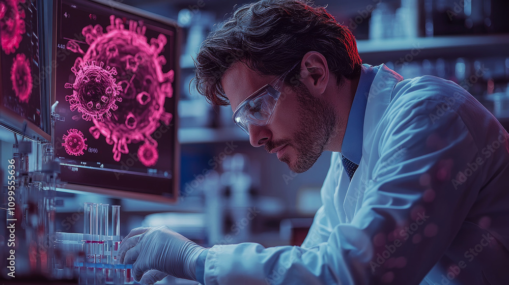 Poster a researcher in a lab coat carefully analyzes virus samples using test tubes and monitors displaying