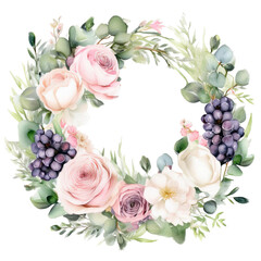 Soft Blush Peonies, Dusty Pink Roses, White Anemones, and Grapes in a Watercolor Wreath with Eucalyptus and Green Foliage &ndash; Perfect for Wedding Invitations and Greeting Cards