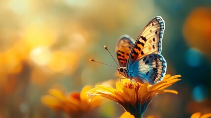 Obraz premium Butterfly landing on yellow flower in sunny meadow