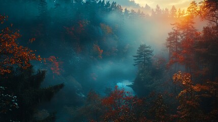 Obraz premium Fog is covering colorful autumn trees in a canyon at sunset