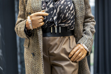 Elegant Fashion Details Stylish Women Outfit beige Leather Gloves and Belt, Tweed Blazer and...