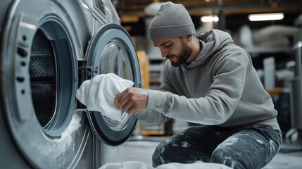 Man wearing a gray beanie and hoodie loading white laundry into a washing machine in a laundromat setting
