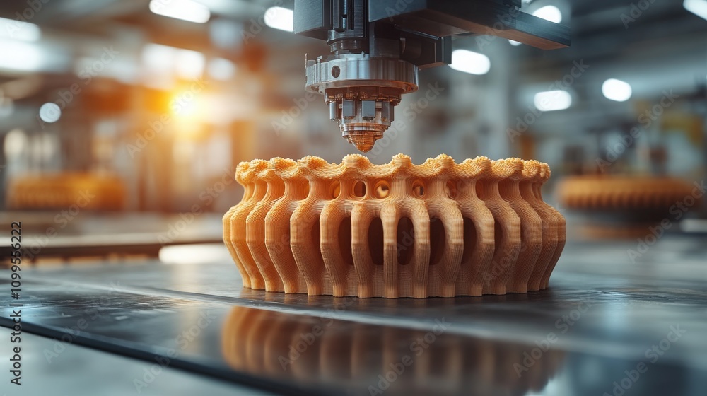 Poster high-precision 3d printing process shows intricate details of a newly created wooden object in a mod