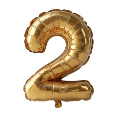 Number 2 golden balloon isolated on transparent background