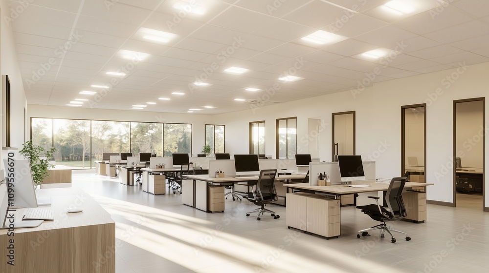 Aufkleber an airy office space is filled with light from multiple ceiling panels and large windows showing tre