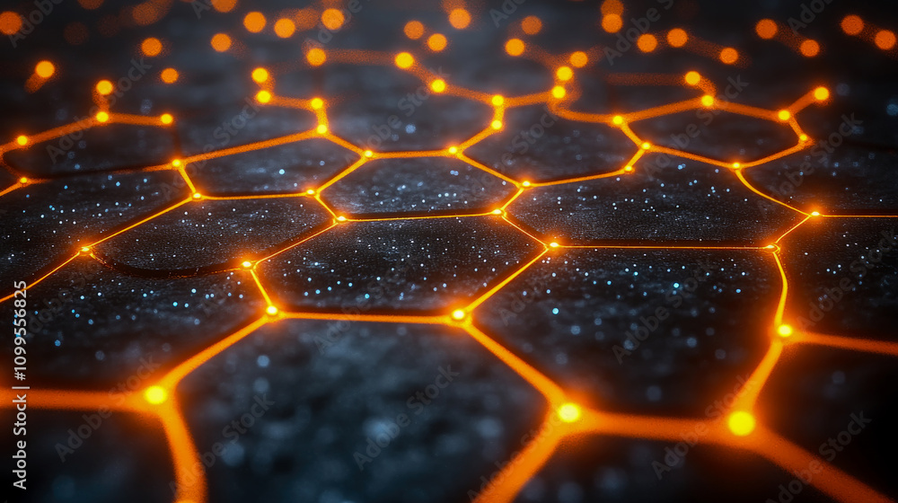 Poster a dark surface shows glowing hexagons linked by bright orange lines, creating a vivid display remini