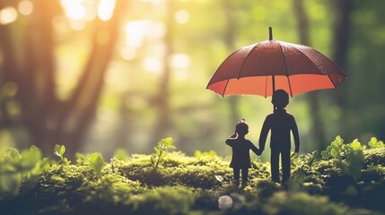 Family life insurance policy protecting children and parent under umbrella in lush forest