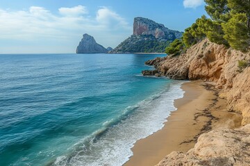 Obraz premium Serene beach, turquoise water, dramatic cliffs.