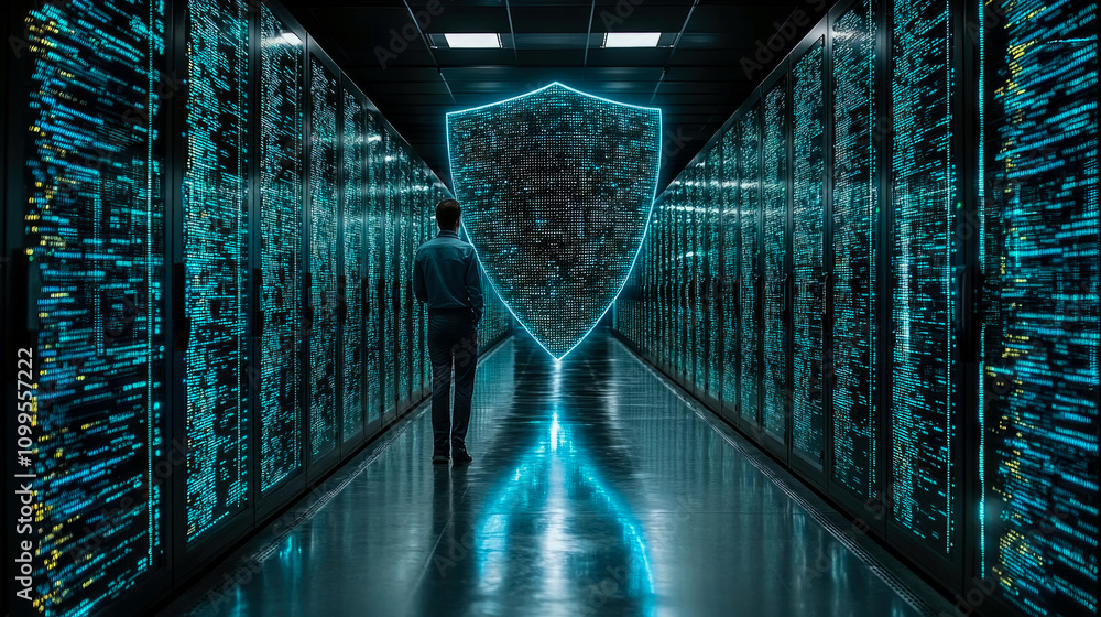 Poster a person walks down a sleek server hallway illuminated by glowing data lines, with a large digital s