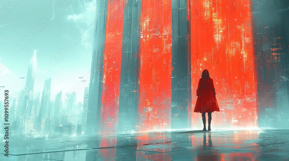 Poster Surreal Future Landscape Featuring a Figure in a Red Cloak Staring at Glowing Red Structures in a High-Tech City with Futuristic Elements and an Ethereal Atmosphere