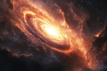 Obraz premium A vibrant, fiery spiral galaxy swirls amidst a dark, starry expanse.
