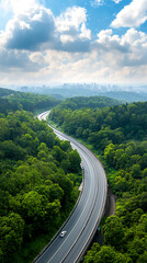 Fototapeta premium Multilayered flyover highway construction urban landscape aerial view development progress nature integration in city planning
