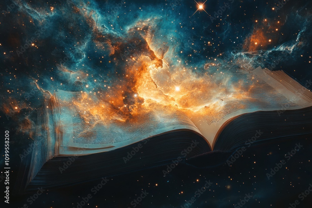 Poster an open book with a galaxy bursting from its pages, representing the vastness of knowledge and the u