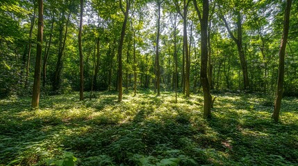 Obraz premium Sun Dappled Forest Floor Lush Green Canopy