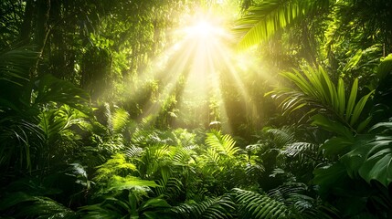 Obraz premium Sunbeams Illuminate Lush Tropical Rainforest Canopy
