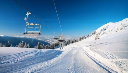 winter landscape in the mountains with snow and ski lift on a cold sunny day