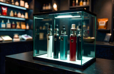 Fototapeta premium disposable electronic cigarettes, shelf with glass showcase with led light