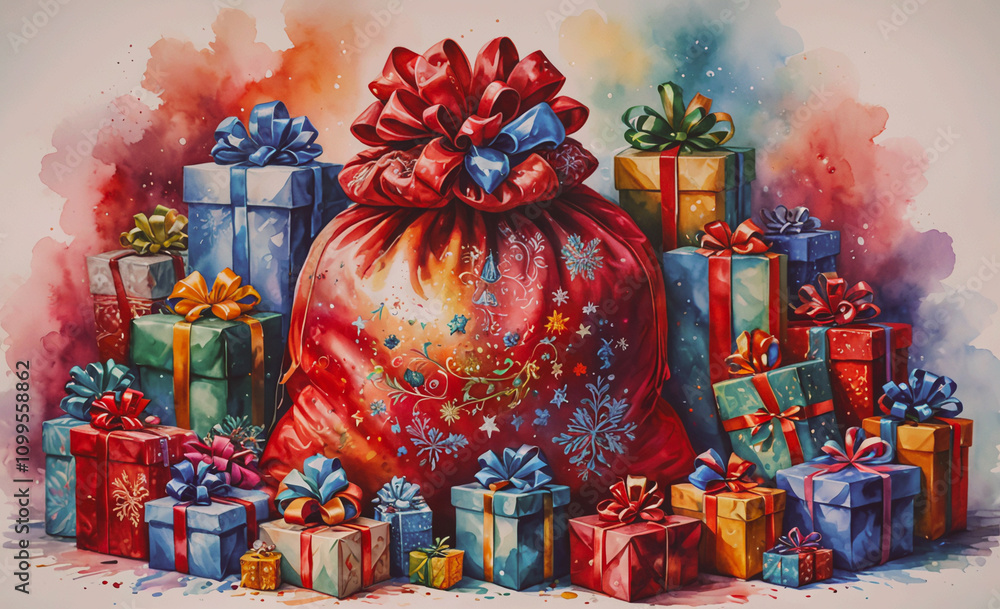 Poster red bag with a bow on it is sitting on top of a pile of presents. the presents are of various colors