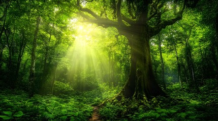 Obraz premium Sunbeams Illuminate Lush Green Forest Path Ancient Tree