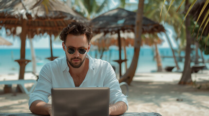 Working remotely on a tropical beach with palm trees and thatched umbrellas under the sun
