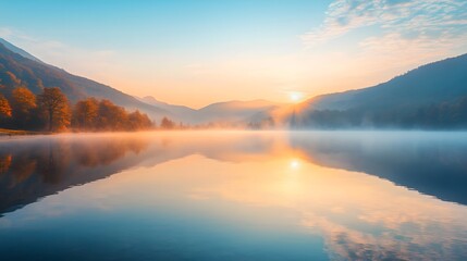 Obraz premium Serene Autumn Sunrise Over Misty Mountain Lake