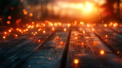 Warm String Lights on Rustic Wooden Surface at Sunset