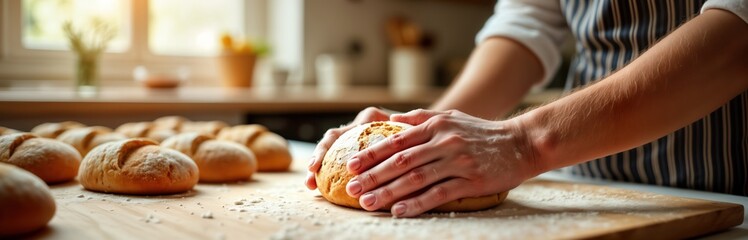 Person kneads dough in sunlit kitchen. Fresh bread loaves on wooden surface. Home baking process in cosy atmosphere. Hands carefully work with dough. Preparation of homemade bread. Close-up view.