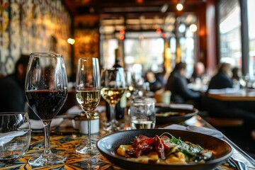 Fototapeta premium Restaurant table, wine glasses, food, blurred background.